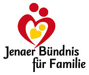 Logo Jenaer Bündnis für Familie Das Logog des Jenaer Bündnis für Familie in schwarzer Schrift in Kombination mit dem roten Herz mit zwei Punkten, in der Mitte das gelbe Herz mit einem gelben Punkt